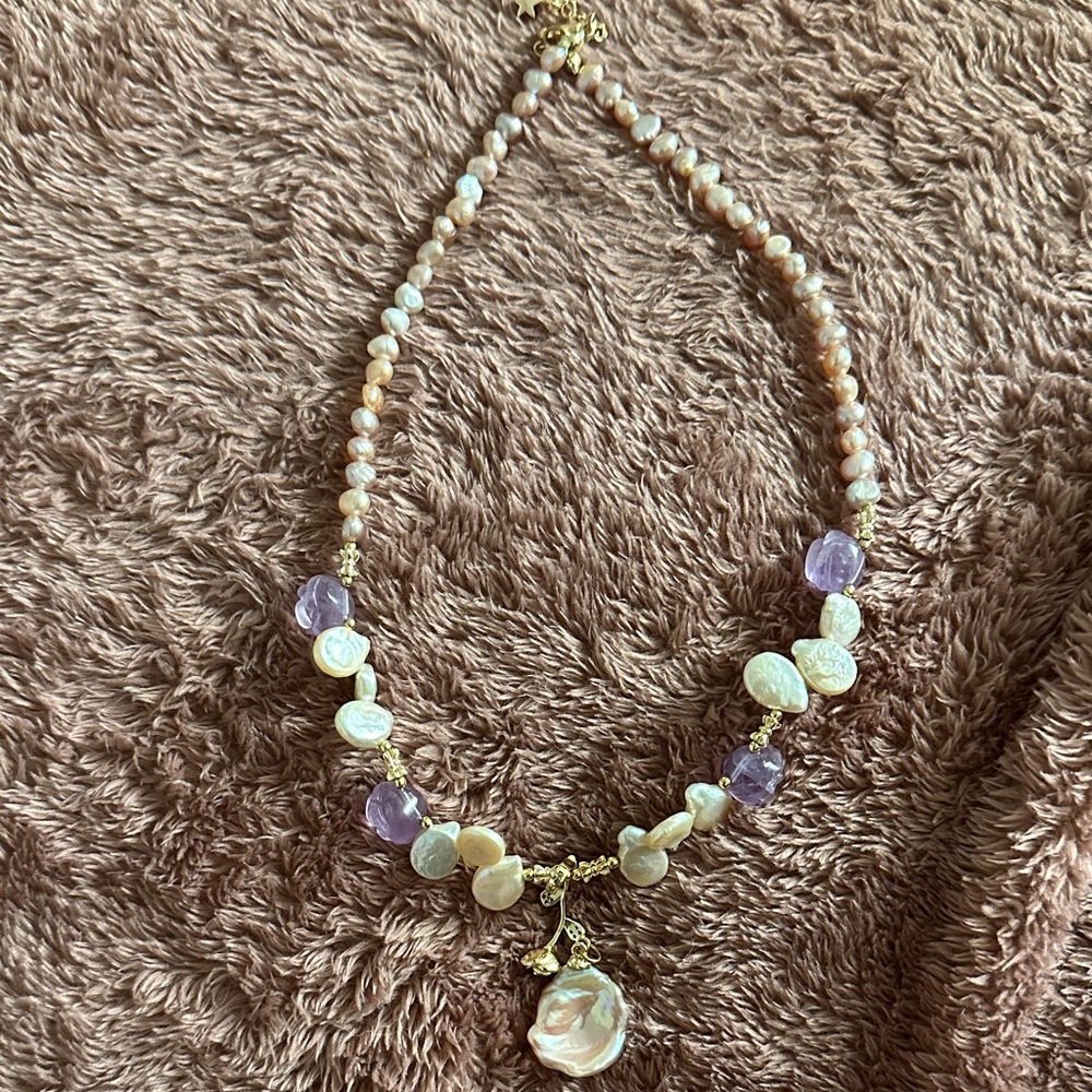 Elegant Pearl and Purple Beaded Necklace
